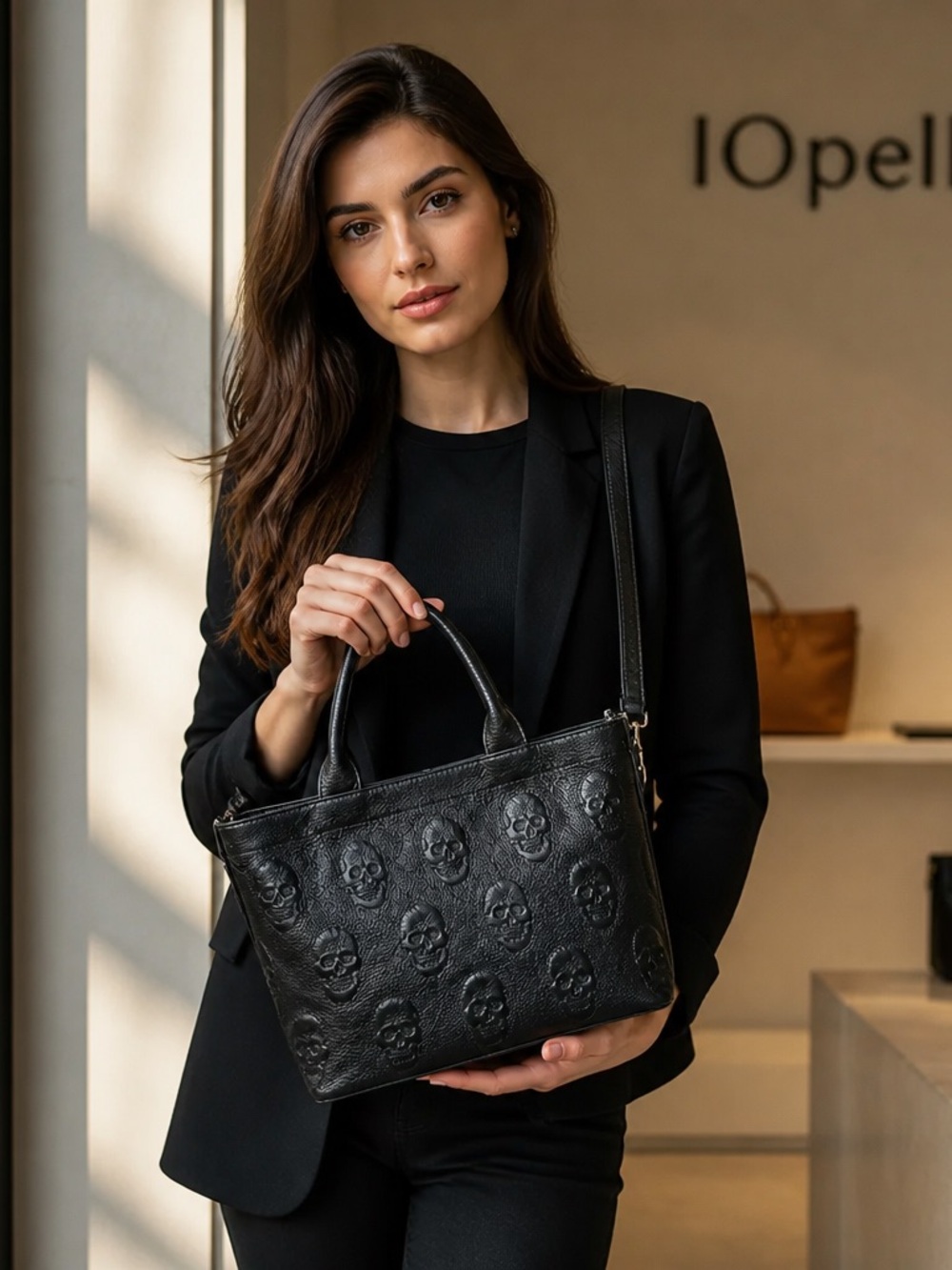 IOpelle Black Embossed Skull Tote Bag - Women's Handbag